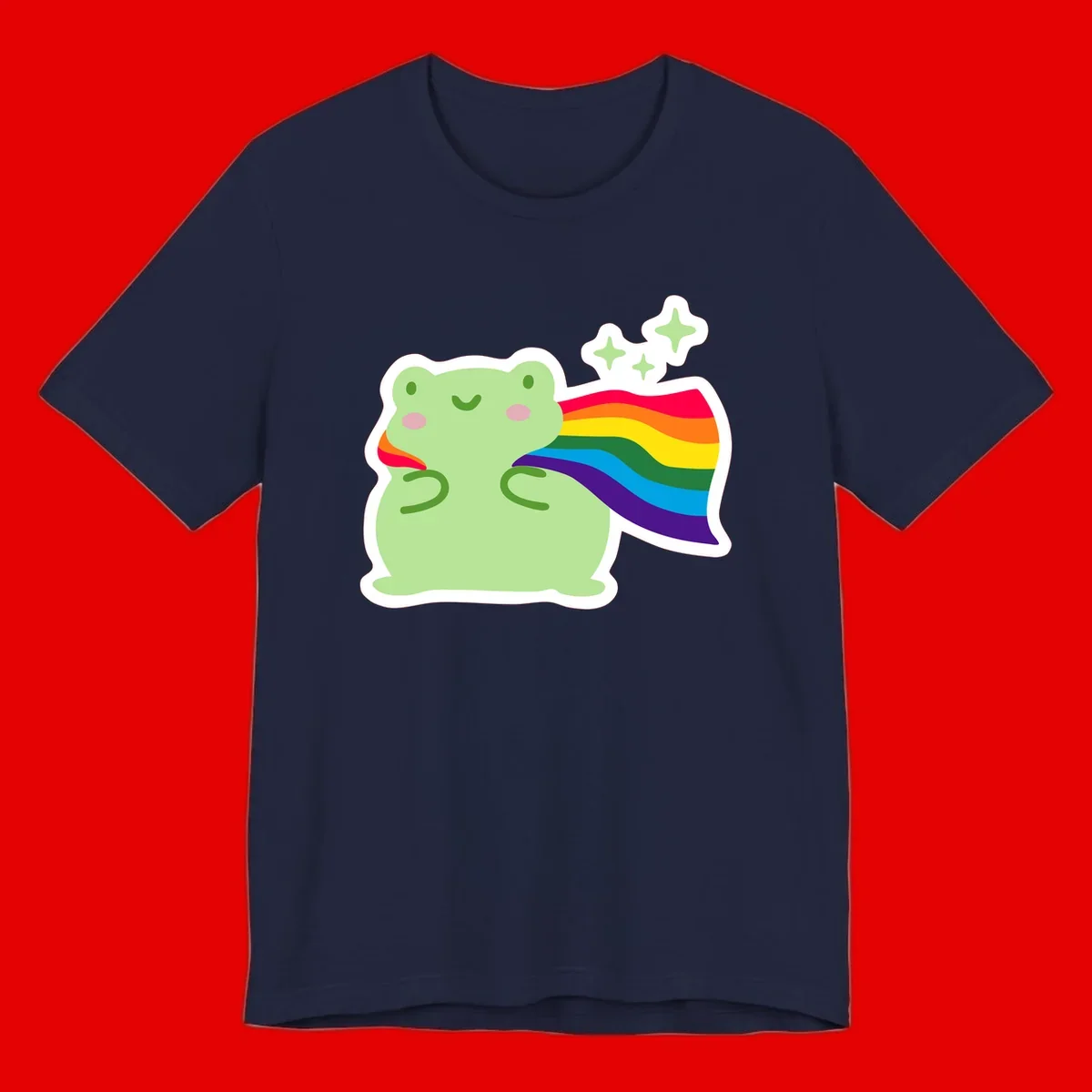 Cute green frog character holding a rainbow pride flag with sparkle stars, celebrating pride and inclusivity