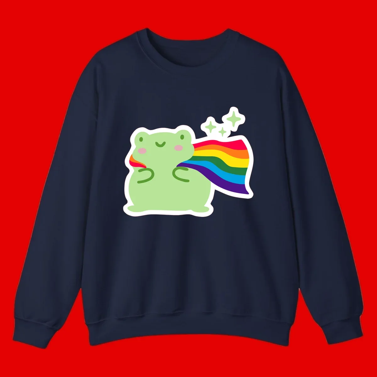 Cute green frog character holding a rainbow pride flag with sparkle stars, celebrating pride and inclusivity