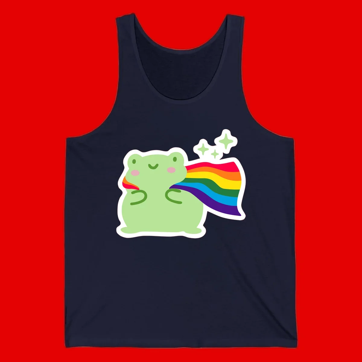 Cute green frog character holding a rainbow pride flag with sparkle stars, celebrating pride and inclusivity