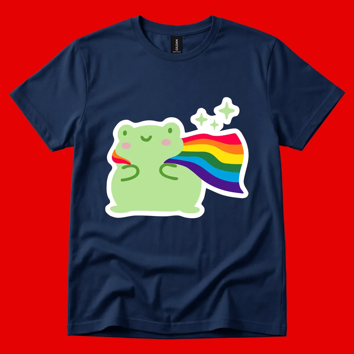 Cute green frog character holding a rainbow pride flag with sparkle stars, celebrating pride and inclusivity