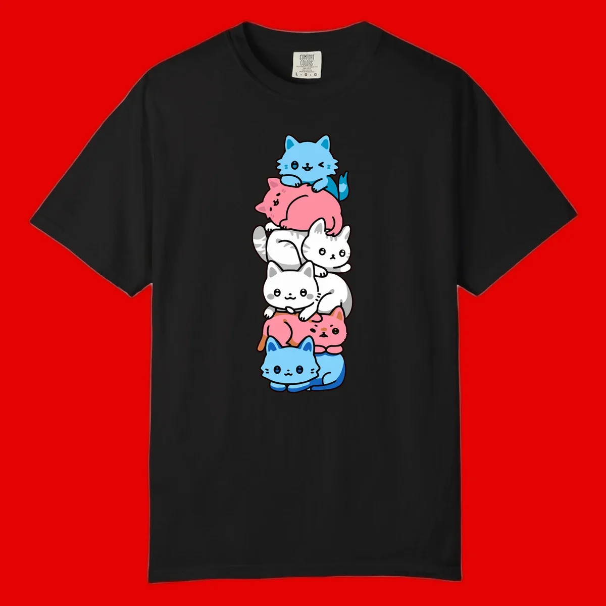 Six stacked kawaii-style cats in light blue, pink, and white with cute smiling faces and whiskers, illustrating a colorful stacked-kawaii-cats-pride design