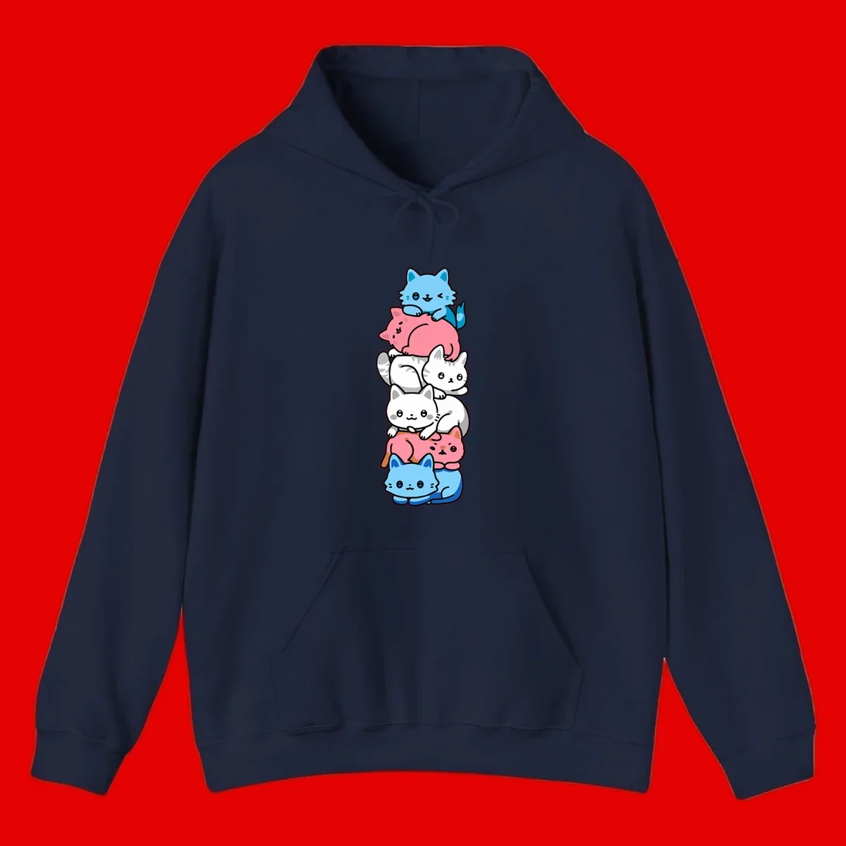 Six stacked kawaii-style cats in light blue, pink, and white with cute smiling faces and whiskers, illustrating a colorful stacked-kawaii-cats-pride design