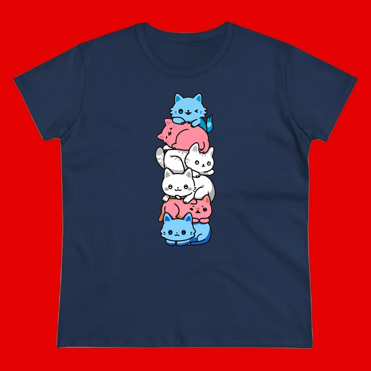 Six stacked kawaii-style cats in light blue, pink, and white with cute smiling faces and whiskers, illustrating a colorful stacked-kawaii-cats-pride design