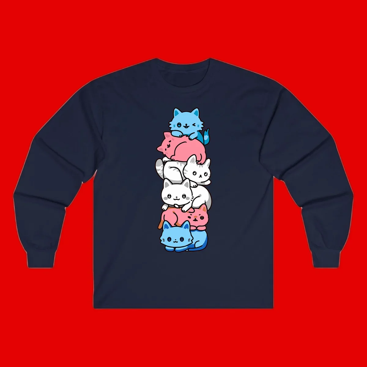 Six stacked kawaii-style cats in light blue, pink, and white with cute smiling faces and whiskers, illustrating a colorful stacked-kawaii-cats-pride design