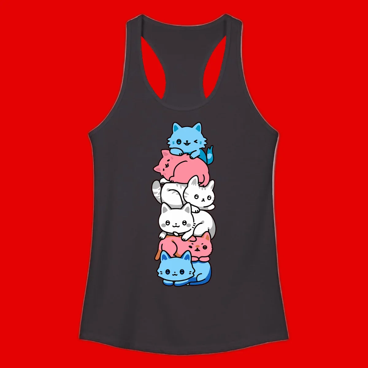 Six stacked kawaii-style cats in light blue, pink, and white with cute smiling faces and whiskers, illustrating a colorful stacked-kawaii-cats-pride design