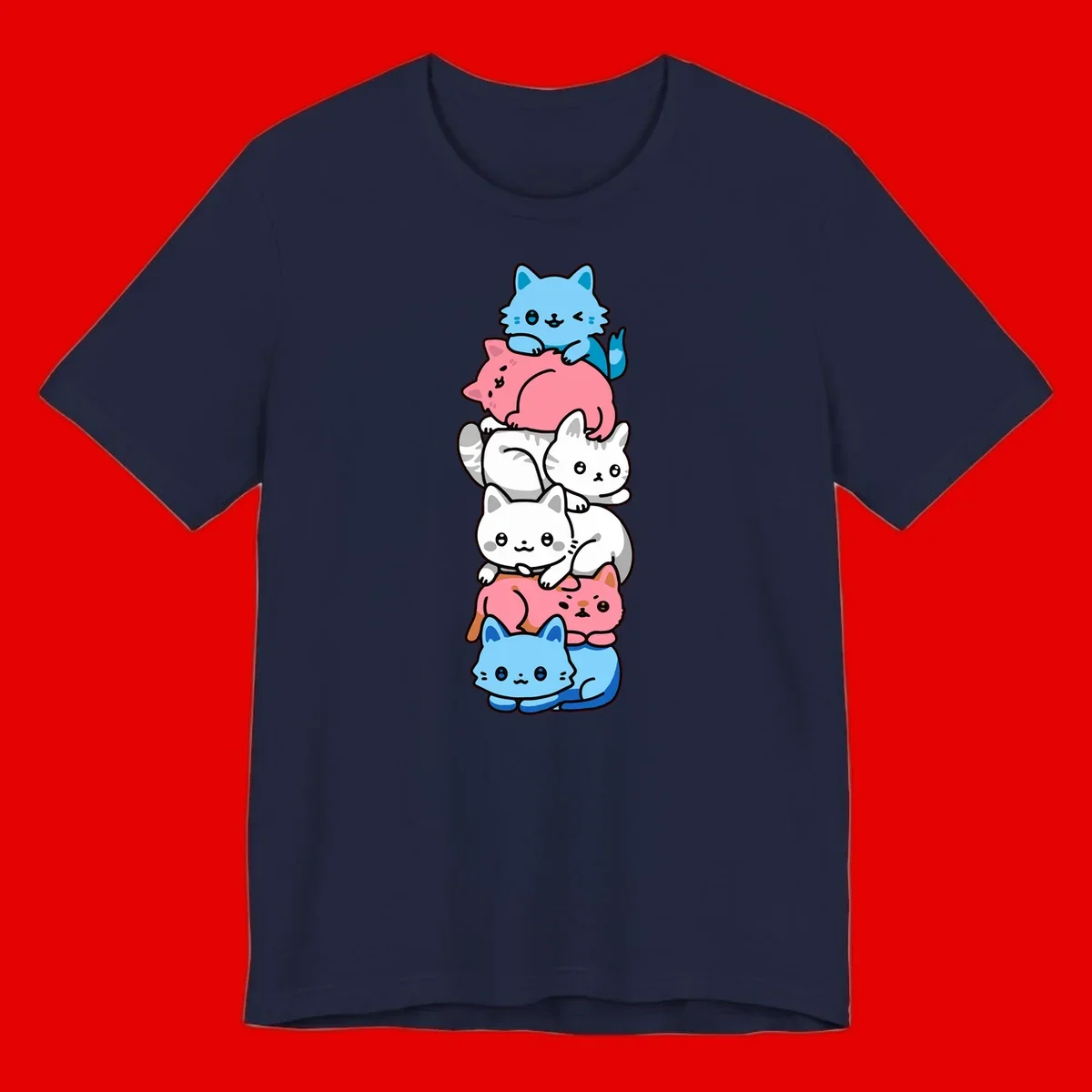 Six stacked kawaii-style cats in light blue, pink, and white with cute smiling faces and whiskers, illustrating a colorful stacked-kawaii-cats-pride design