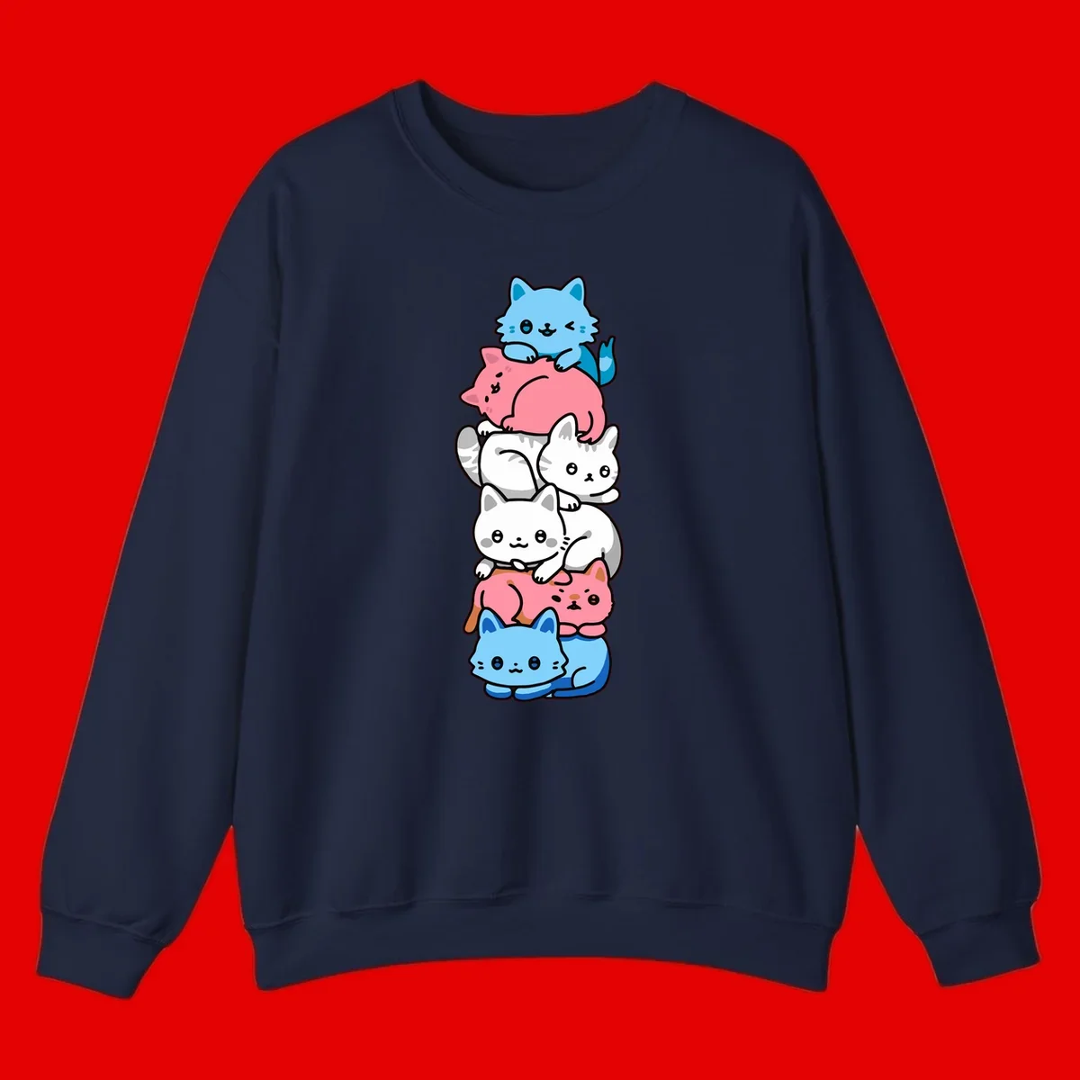 Six stacked kawaii-style cats in light blue, pink, and white with cute smiling faces and whiskers, illustrating a colorful stacked-kawaii-cats-pride design