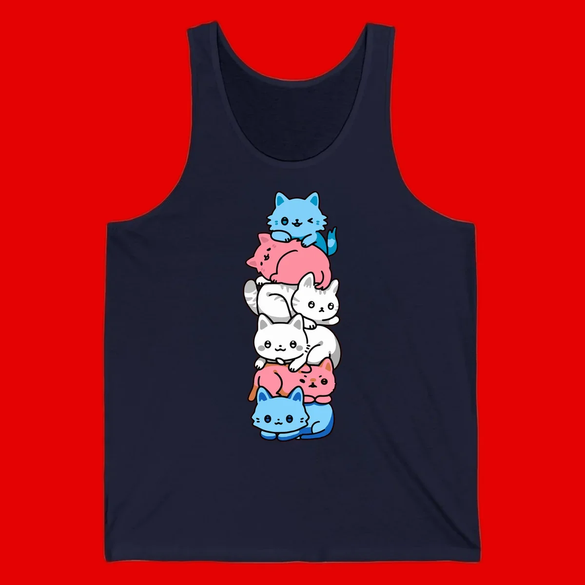 Six stacked kawaii-style cats in light blue, pink, and white with cute smiling faces and whiskers, illustrating a colorful stacked-kawaii-cats-pride design