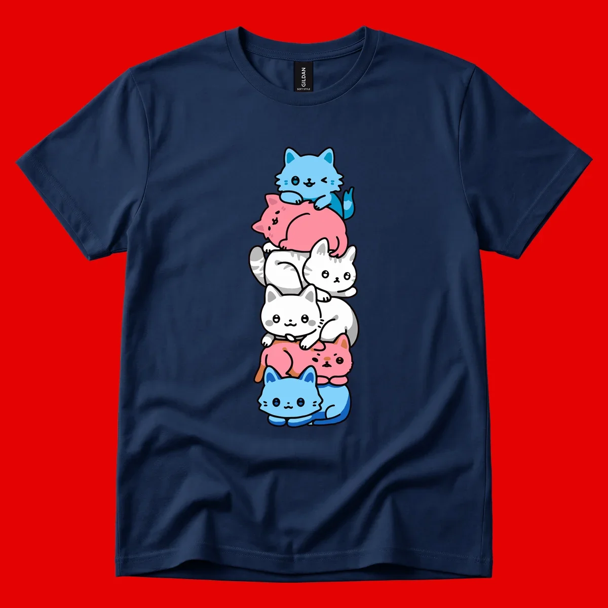 Six stacked kawaii-style cats in light blue, pink, and white with cute smiling faces and whiskers, illustrating a colorful stacked-kawaii-cats-pride design