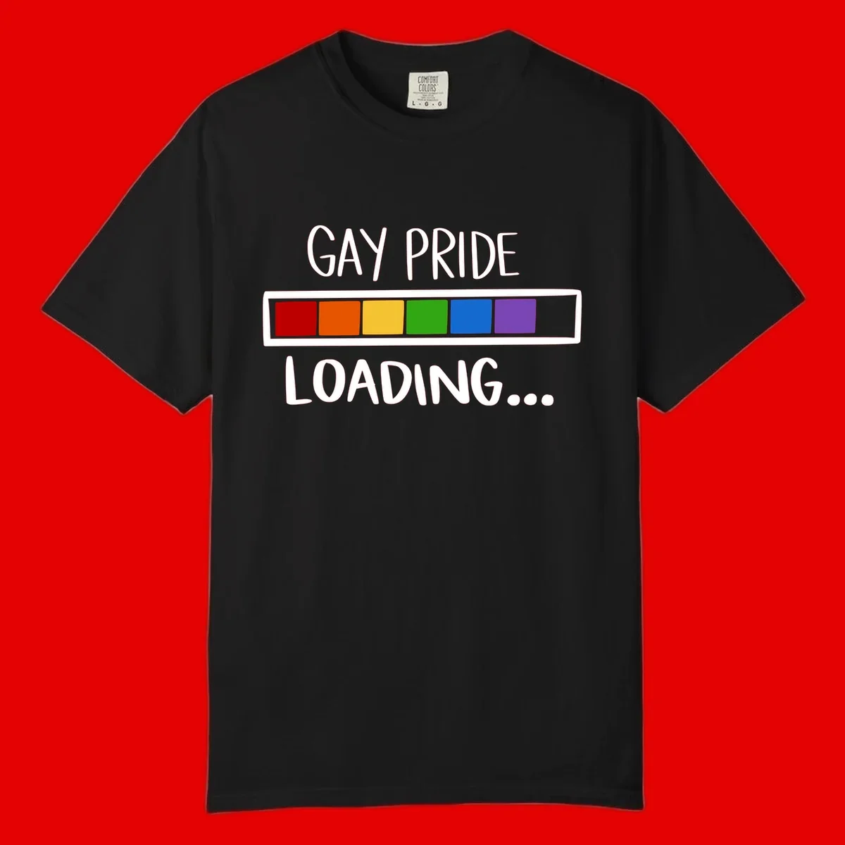 Pride loading bar design with text 'GAY PRIDE LOADING' and six-color rainbow progress indicator