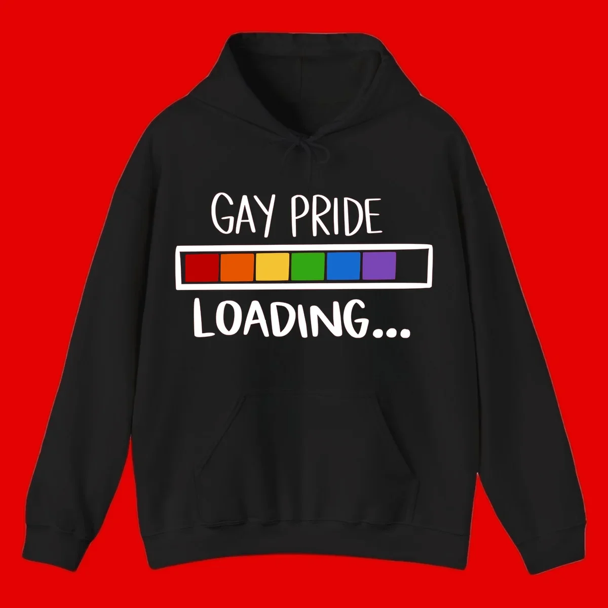 Pride loading bar design with text 'GAY PRIDE LOADING' and six-color rainbow progress indicator