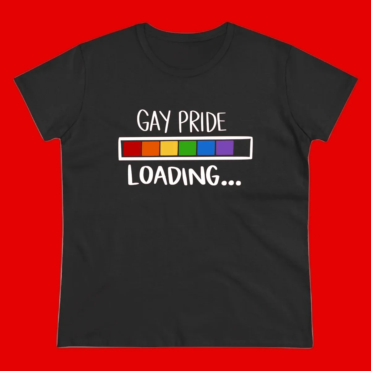 Pride loading bar design with text 'GAY PRIDE LOADING' and six-color rainbow progress indicator