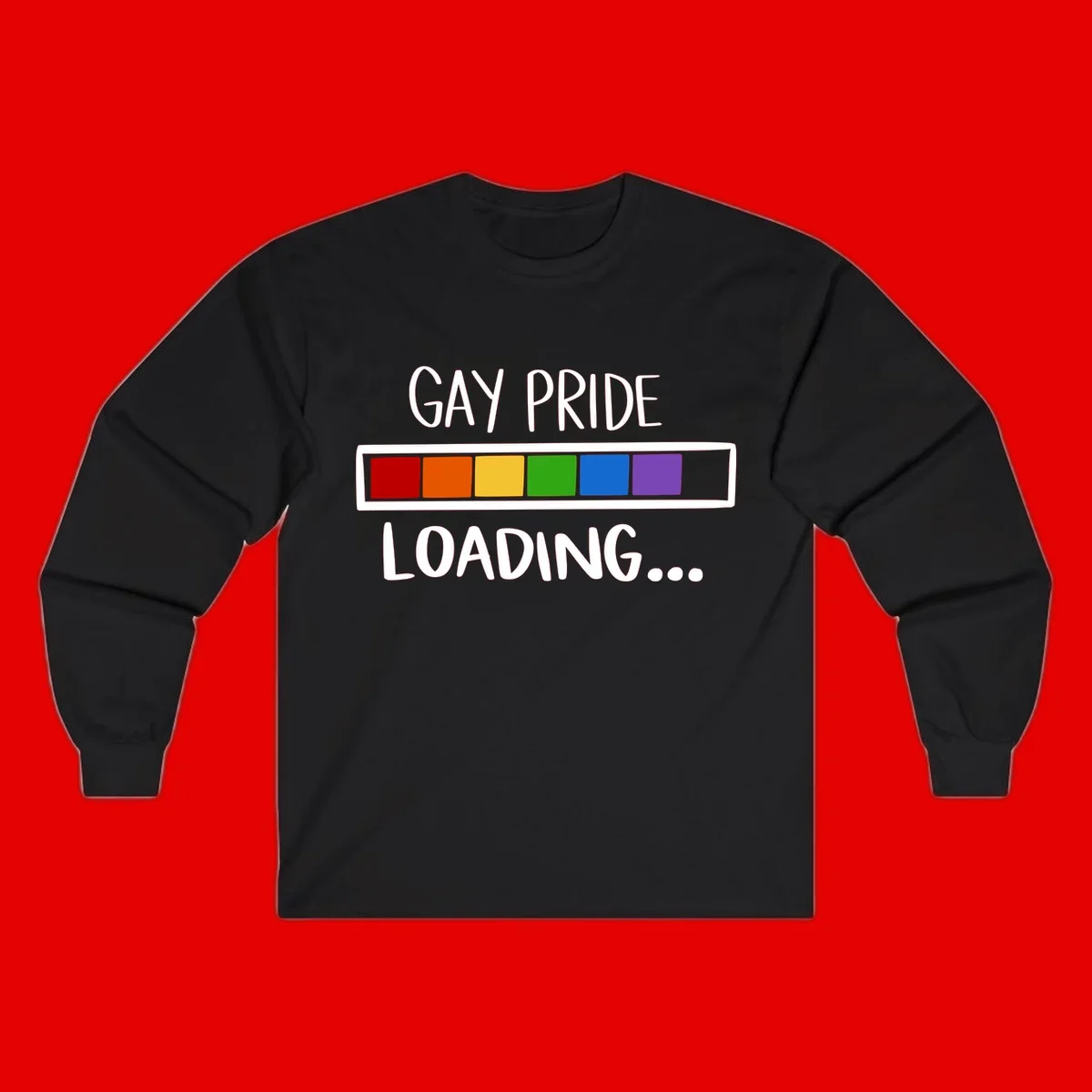Pride loading bar design with text 'GAY PRIDE LOADING' and six-color rainbow progress indicator