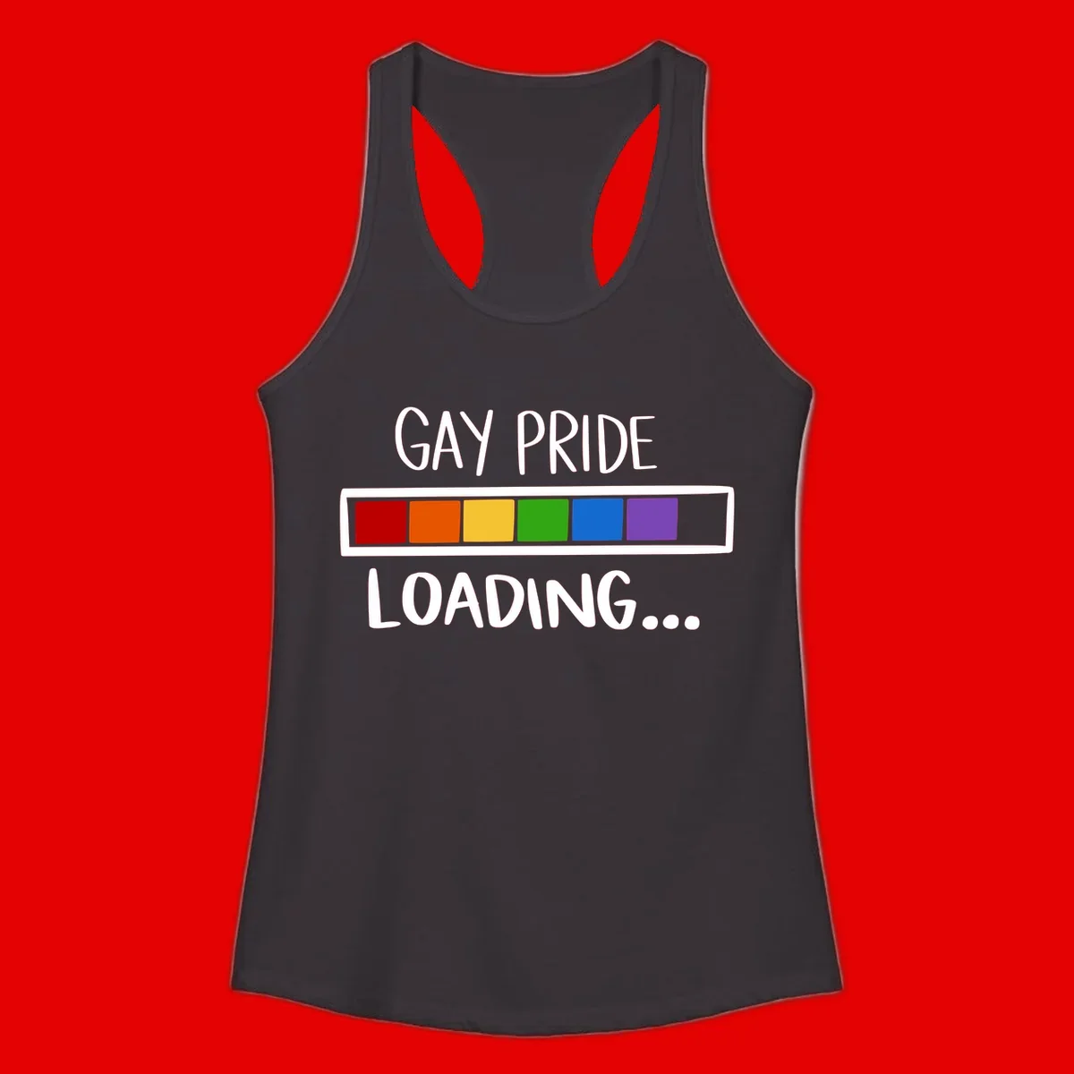 Pride loading bar design with text 'GAY PRIDE LOADING' and six-color rainbow progress indicator
