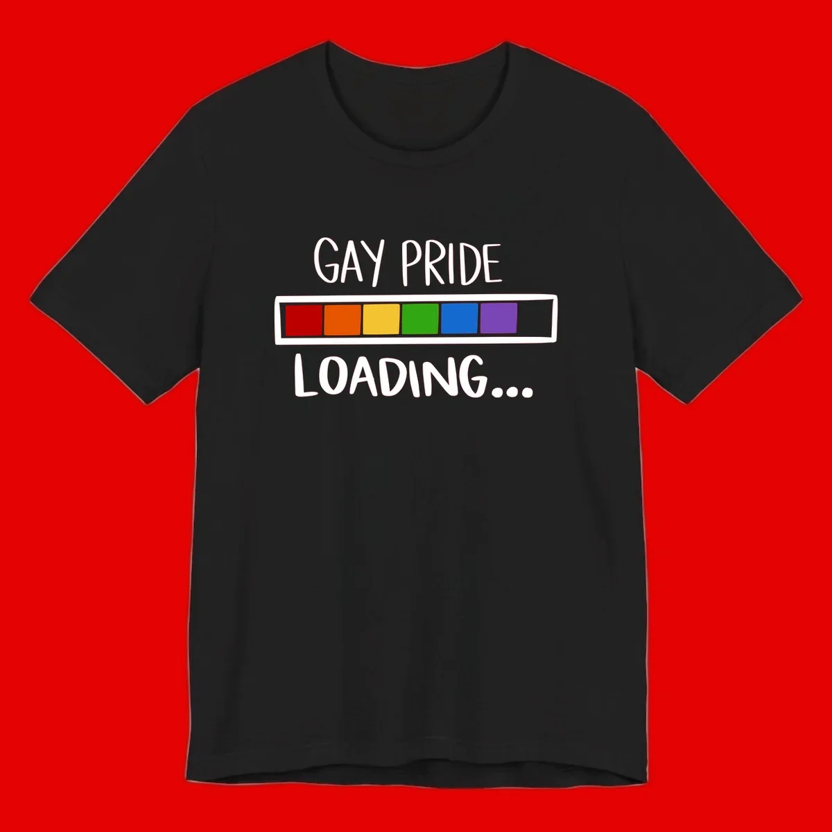 Pride loading bar design with text 'GAY PRIDE LOADING' and six-color rainbow progress indicator