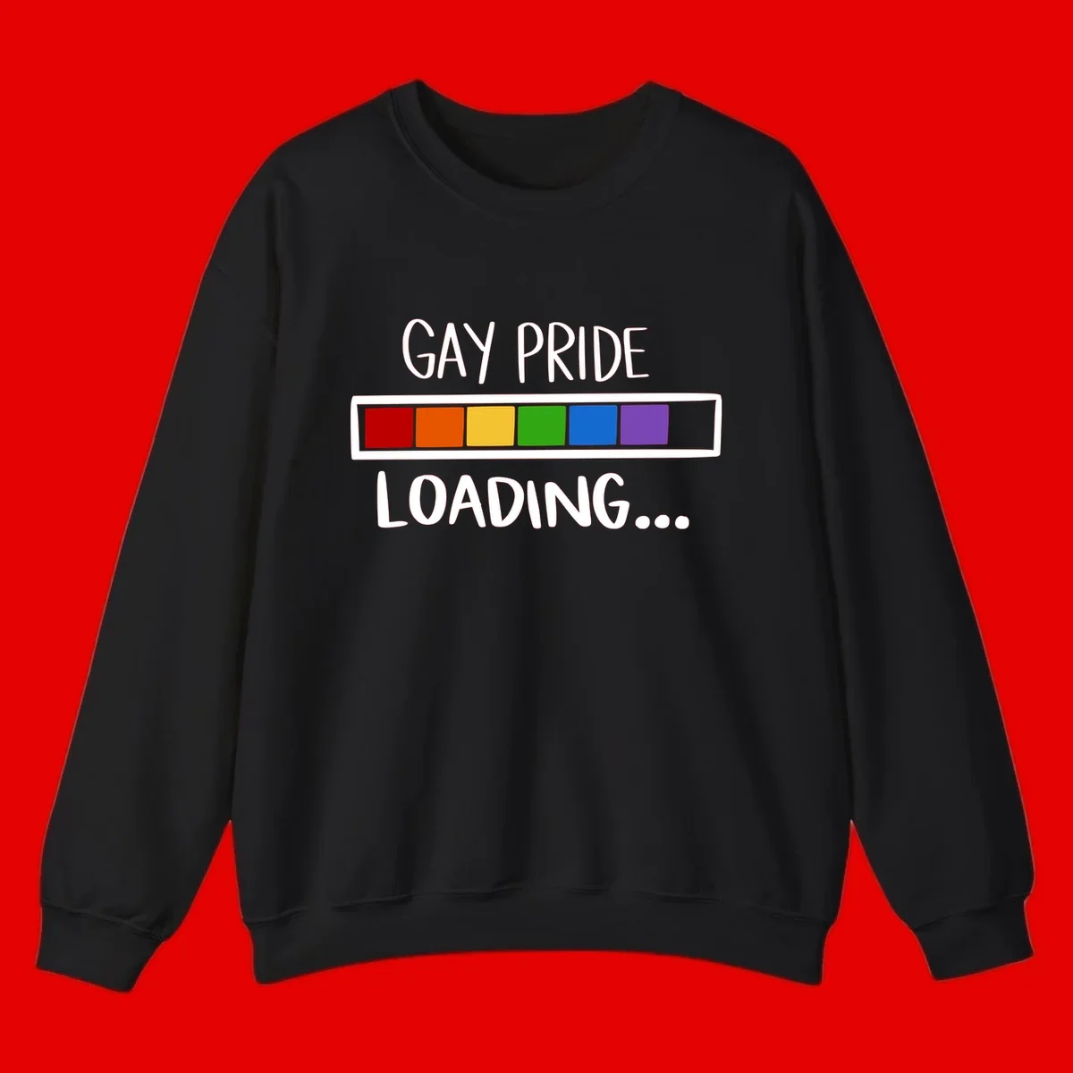 Pride loading bar design with text 'GAY PRIDE LOADING' and six-color rainbow progress indicator