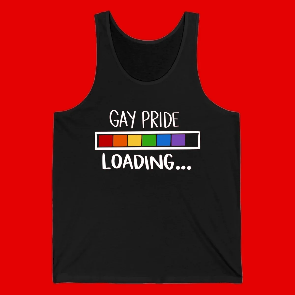 Pride loading bar design with text 'GAY PRIDE LOADING' and six-color rainbow progress indicator