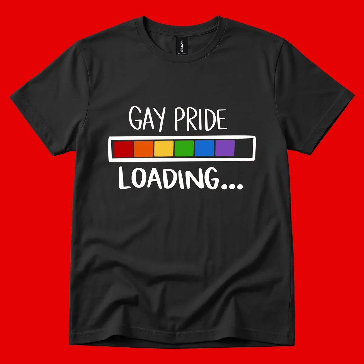 Pride loading bar design with text 'GAY PRIDE LOADING' and six-color rainbow progress indicator