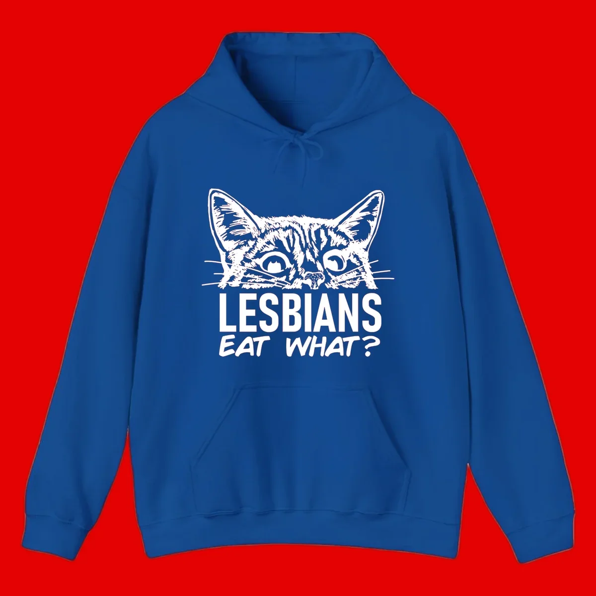 Lesbians eat what cat design: Detailed line-art cat face with expressive eyes and whiskers above bold text reading 'LESBIANS EAT WHAT?'