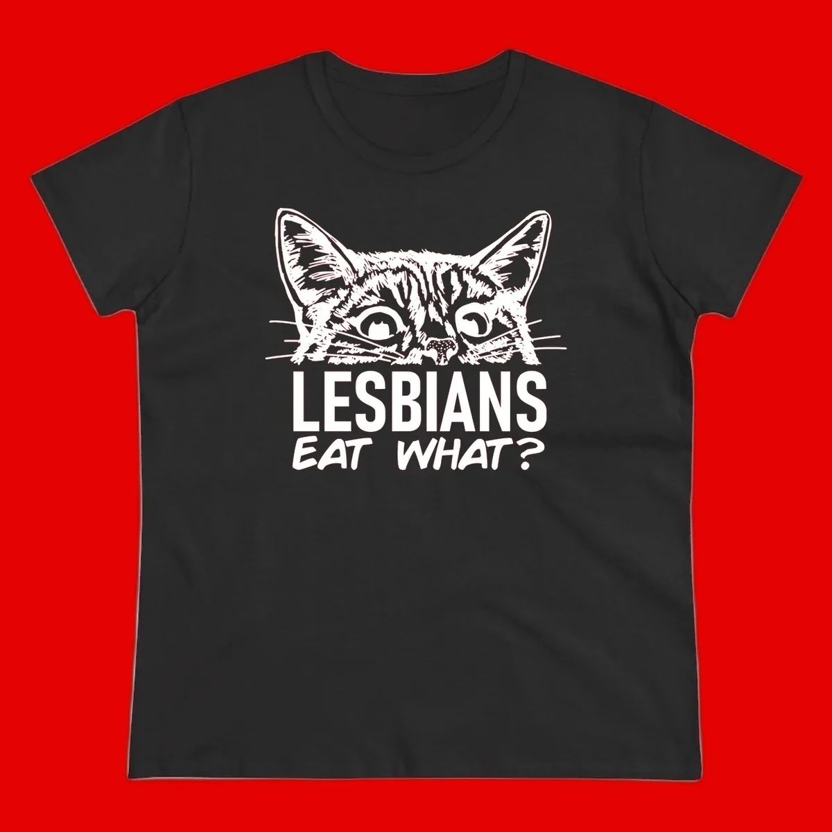 Lesbians eat what cat design: Detailed line-art cat face with expressive eyes and whiskers above bold text reading 'LESBIANS EAT WHAT?'