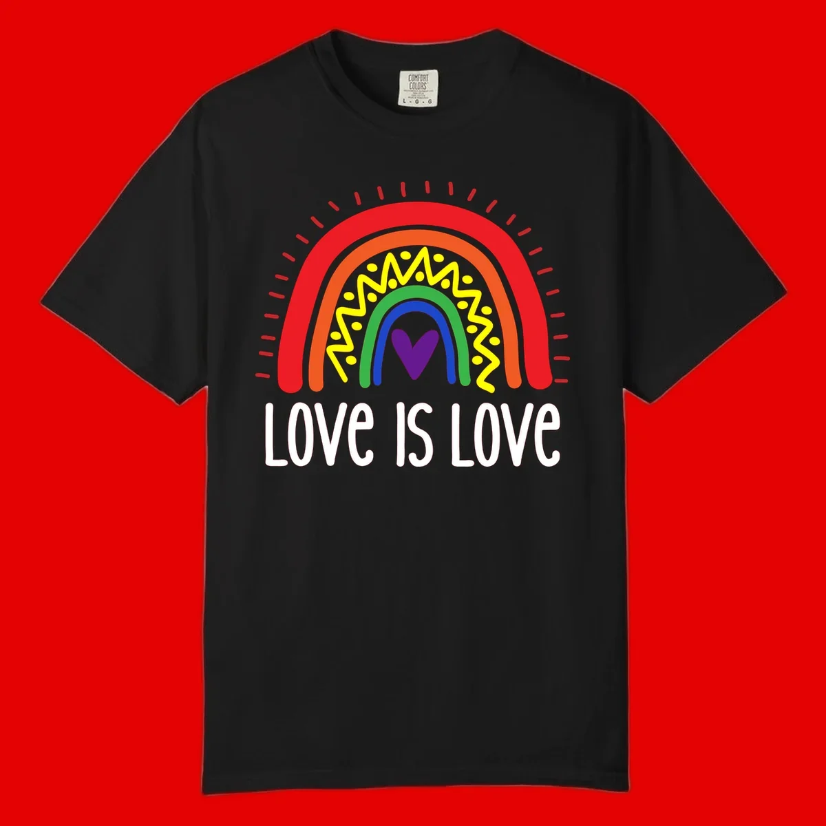 Colorful concentric rainbow arcs with purple heart center, yellow lightning and dots, red rays, and 'Love Is Love' text