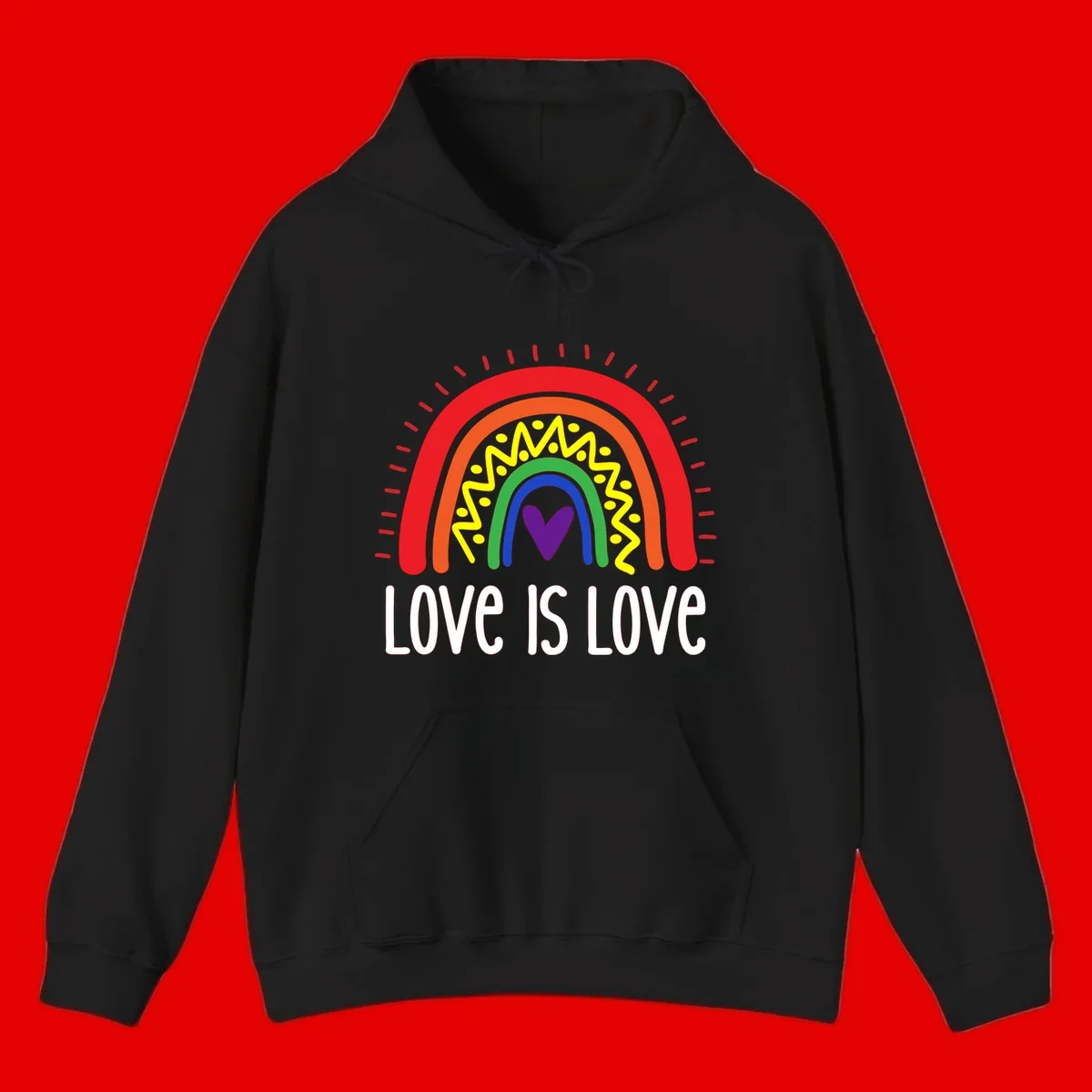 Colorful concentric rainbow arcs with purple heart center, yellow lightning and dots, red rays, and 'Love Is Love' text