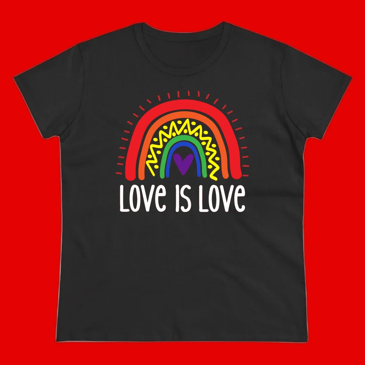 Colorful concentric rainbow arcs with purple heart center, yellow lightning and dots, red rays, and 'Love Is Love' text