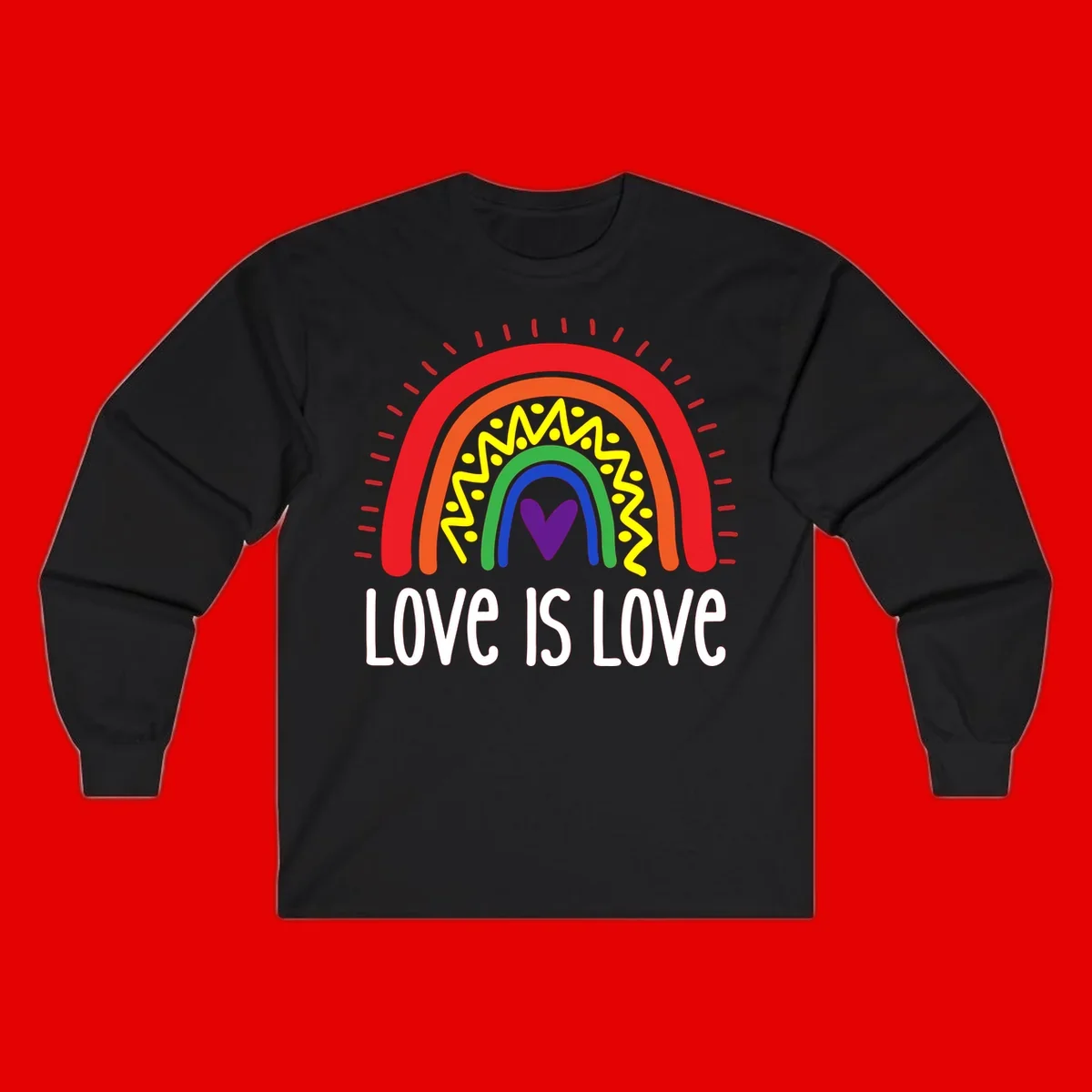 Colorful concentric rainbow arcs with purple heart center, yellow lightning and dots, red rays, and 'Love Is Love' text