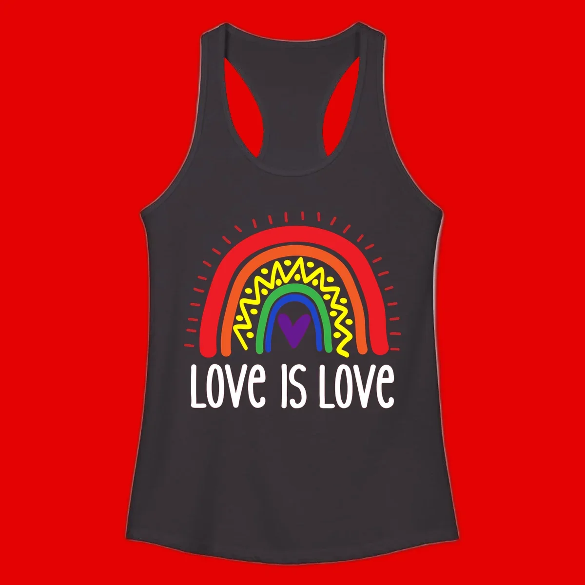 Colorful concentric rainbow arcs with purple heart center, yellow lightning and dots, red rays, and 'Love Is Love' text