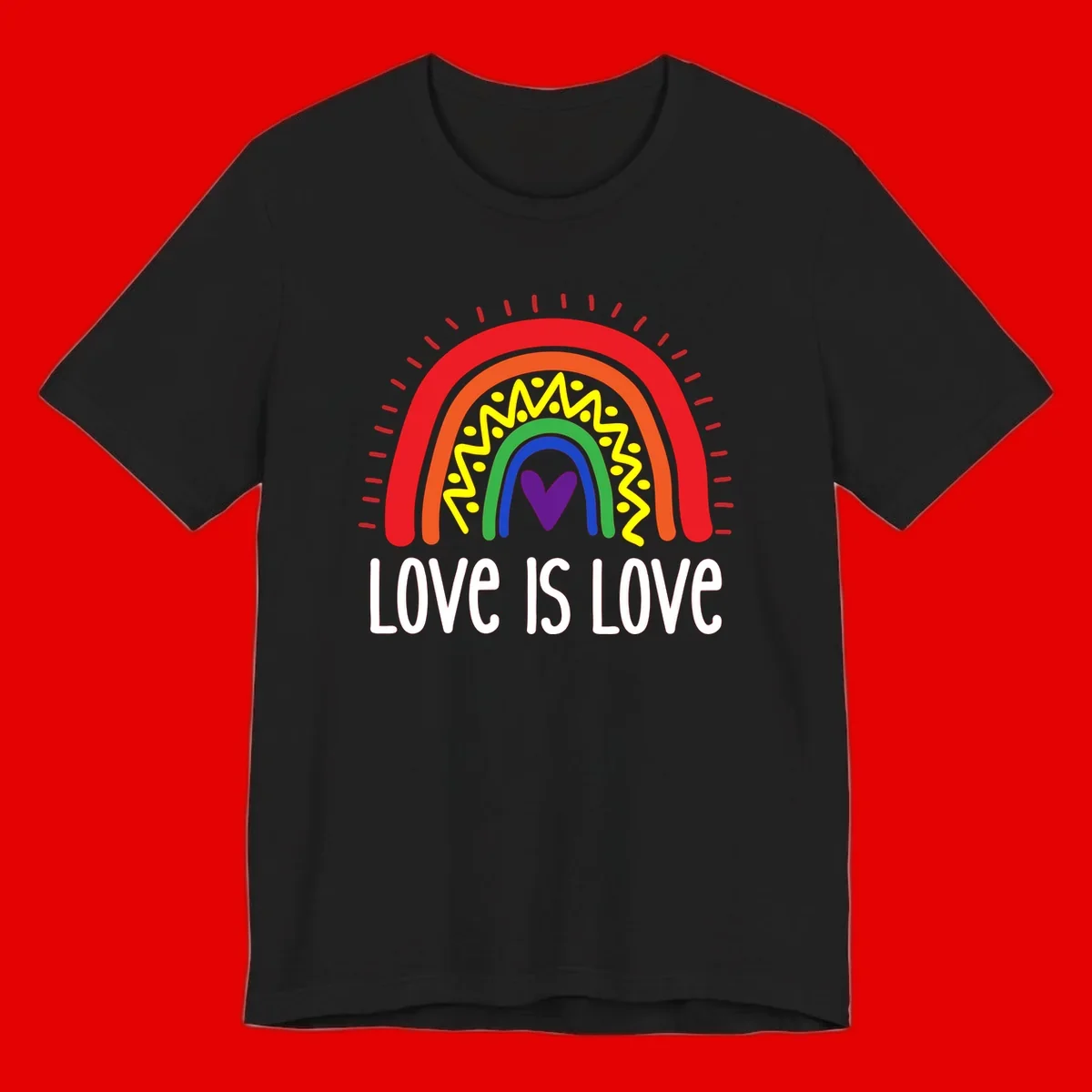 Colorful concentric rainbow arcs with purple heart center, yellow lightning and dots, red rays, and 'Love Is Love' text