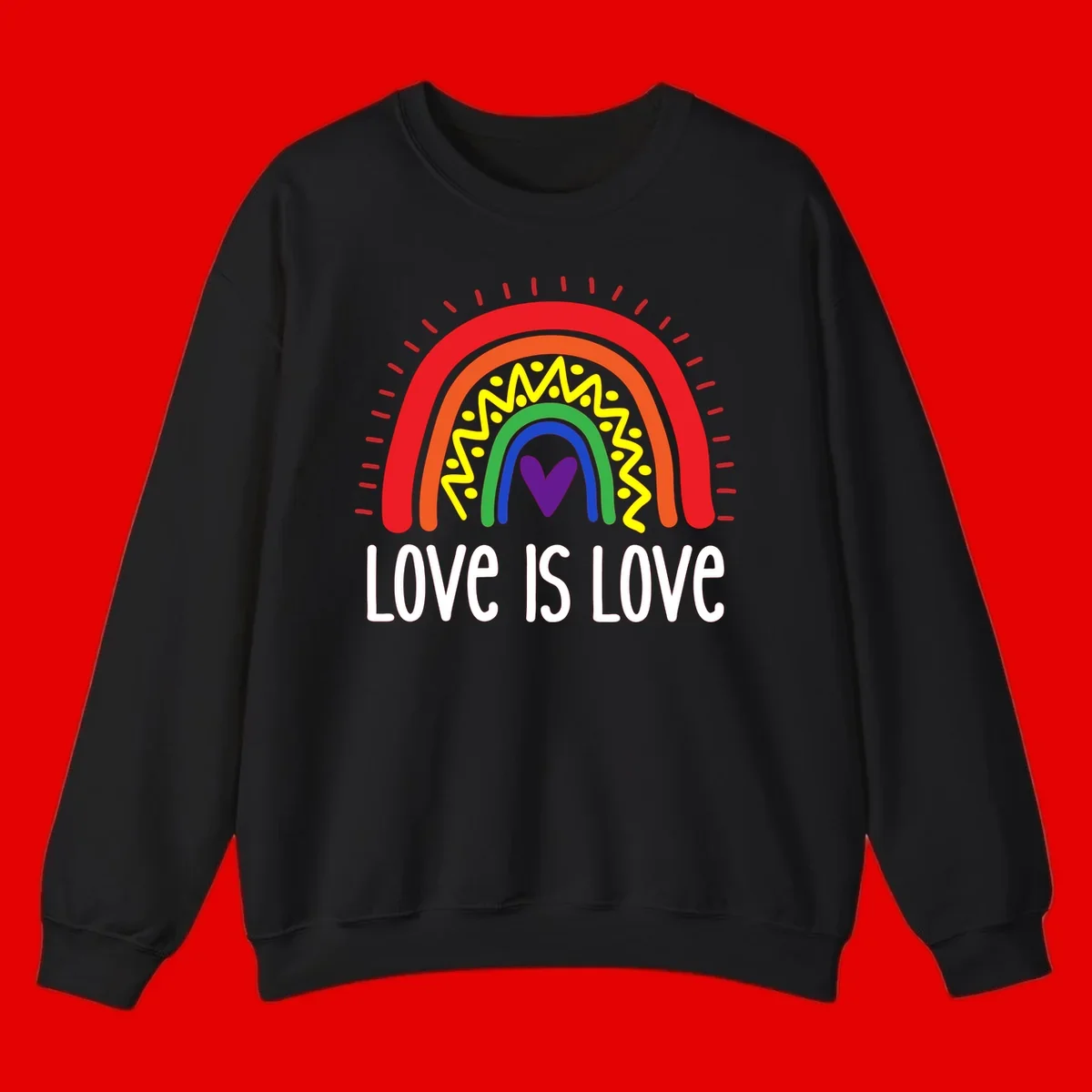 Colorful concentric rainbow arcs with purple heart center, yellow lightning and dots, red rays, and 'Love Is Love' text