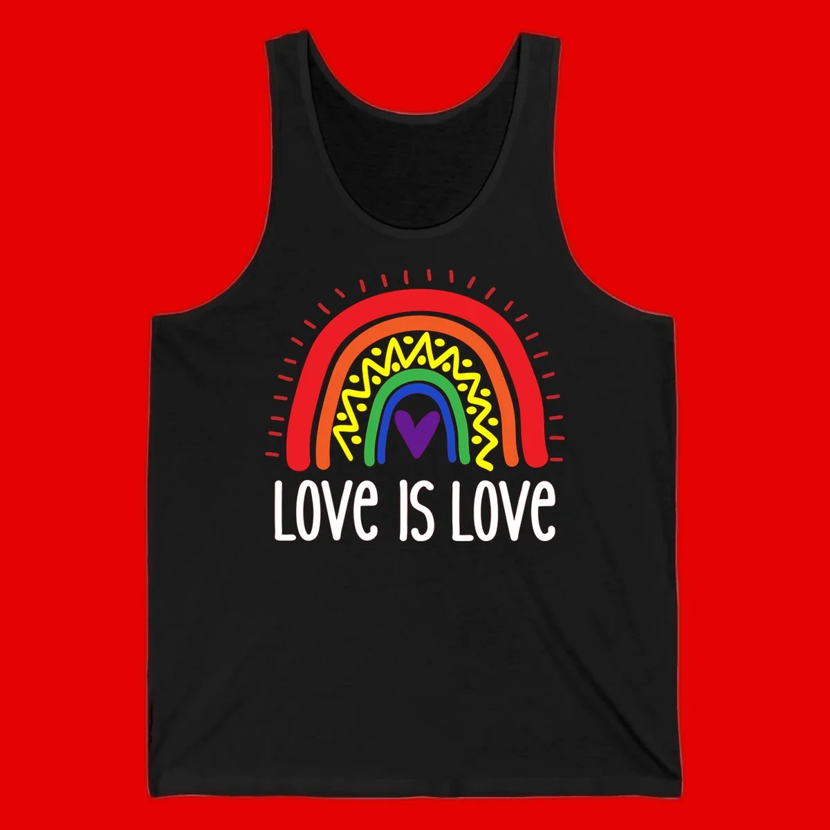 Colorful concentric rainbow arcs with purple heart center, yellow lightning and dots, red rays, and 'Love Is Love' text
