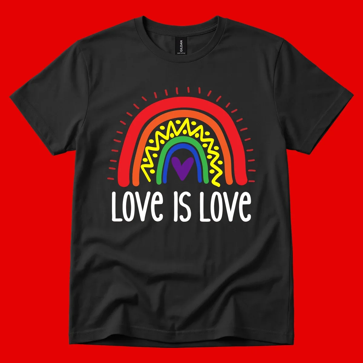 Colorful concentric rainbow arcs with purple heart center, yellow lightning and dots, red rays, and 'Love Is Love' text