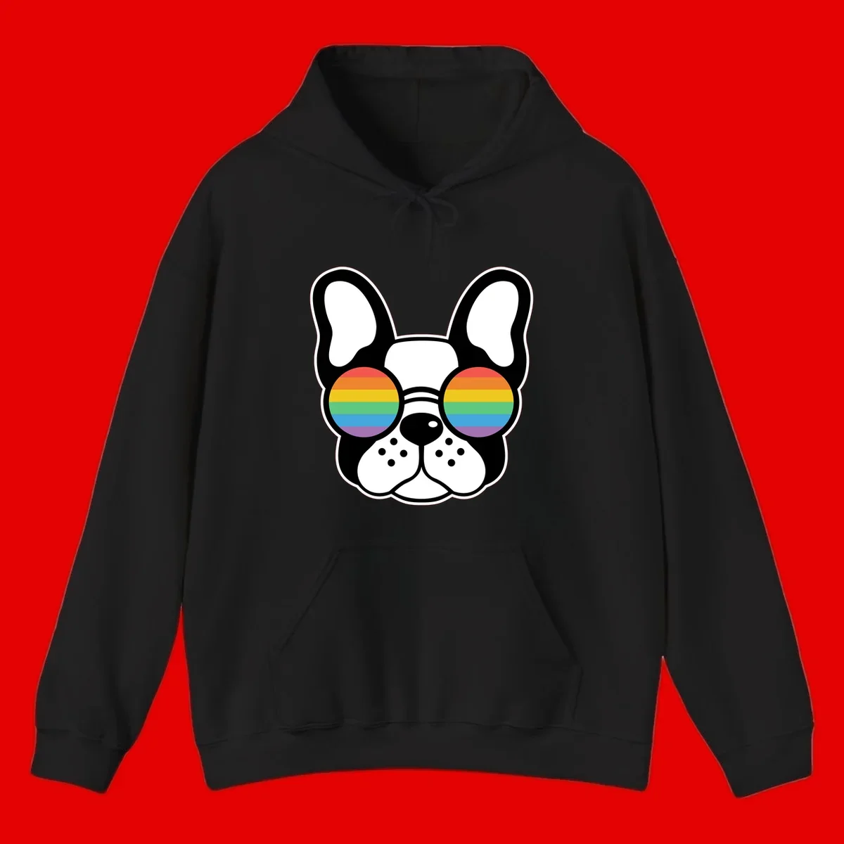 Black and white French Bulldog wearing round sunglasses with rainbow pride flag stripes in red, orange, yellow, green, blue, and purple.