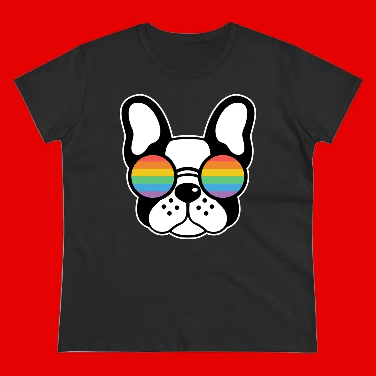 Black and white French Bulldog wearing round sunglasses with rainbow pride flag stripes in red, orange, yellow, green, blue, and purple.