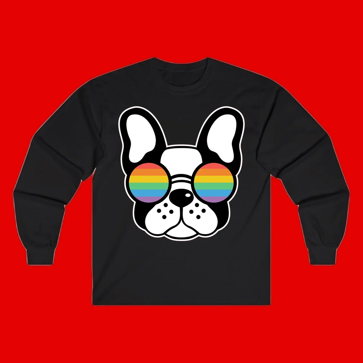 Black and white French Bulldog wearing round sunglasses with rainbow pride flag stripes in red, orange, yellow, green, blue, and purple.