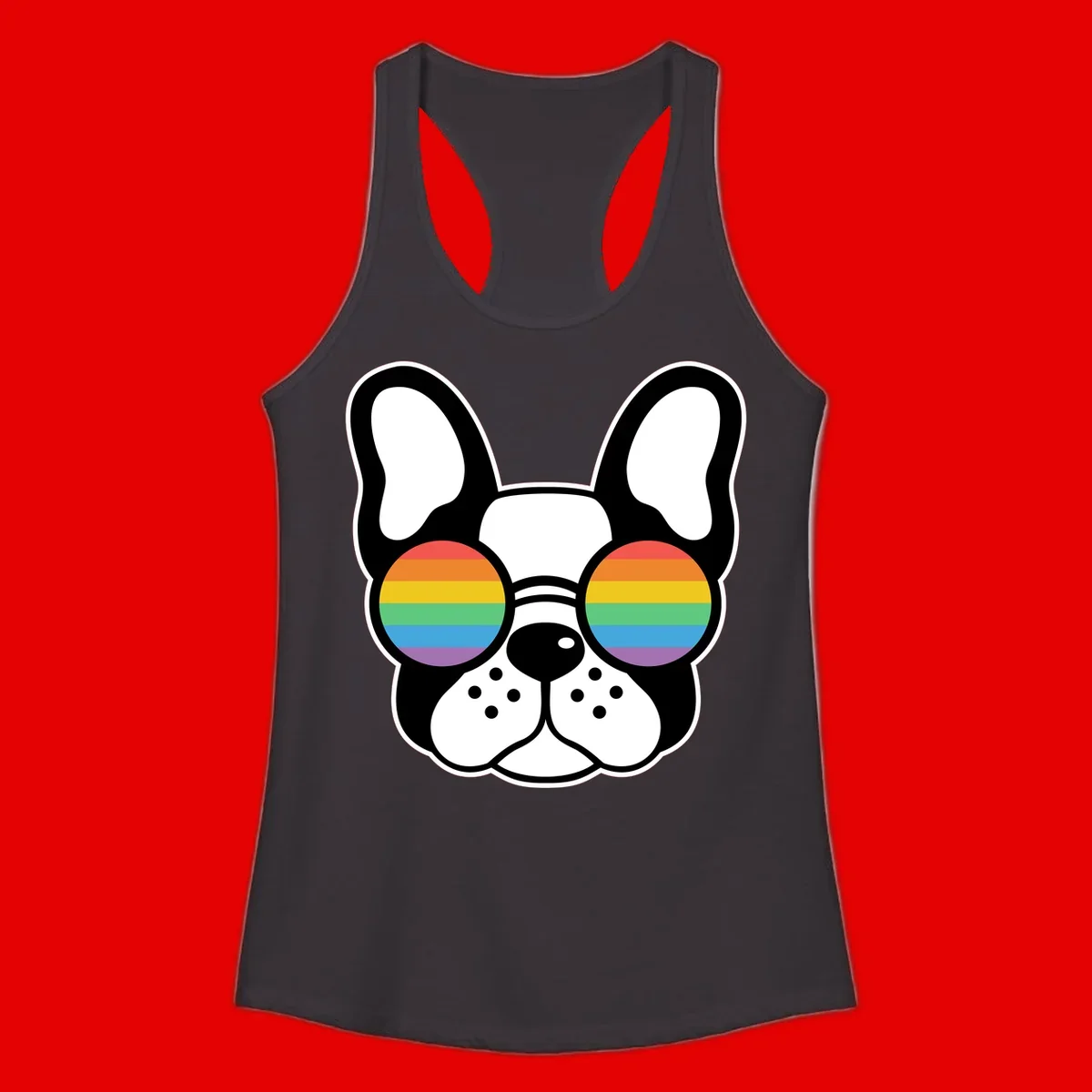 Black and white French Bulldog wearing round sunglasses with rainbow pride flag stripes in red, orange, yellow, green, blue, and purple.