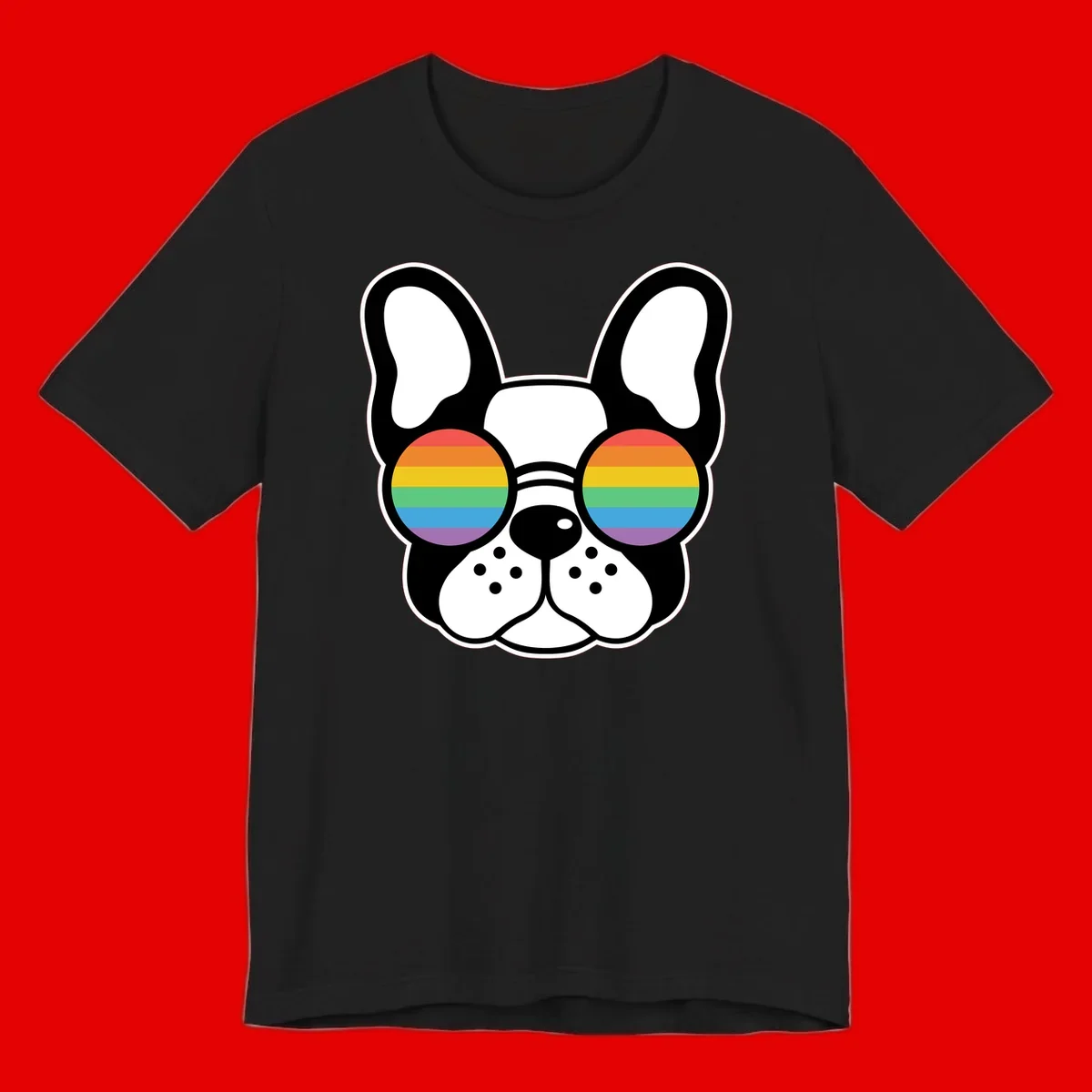 Black and white French Bulldog wearing round sunglasses with rainbow pride flag stripes in red, orange, yellow, green, blue, and purple.