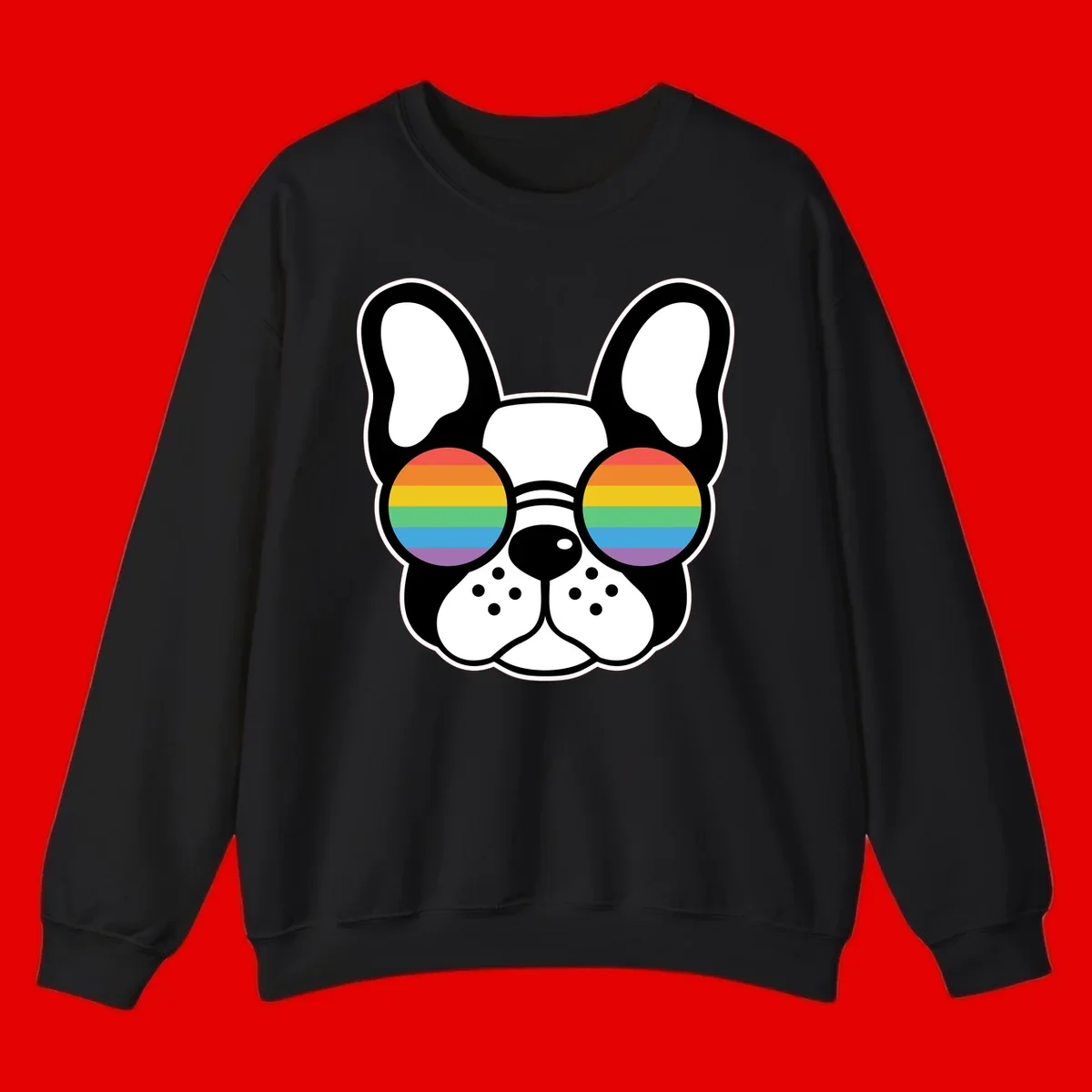 Black and white French Bulldog wearing round sunglasses with rainbow pride flag stripes in red, orange, yellow, green, blue, and purple.
