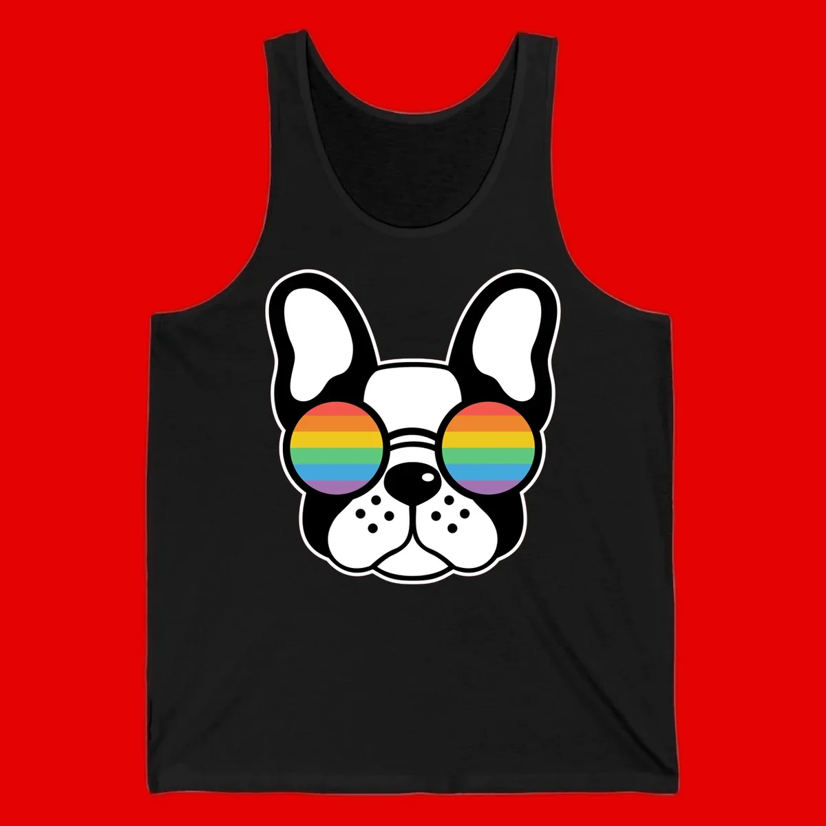 Black and white French Bulldog wearing round sunglasses with rainbow pride flag stripes in red, orange, yellow, green, blue, and purple.