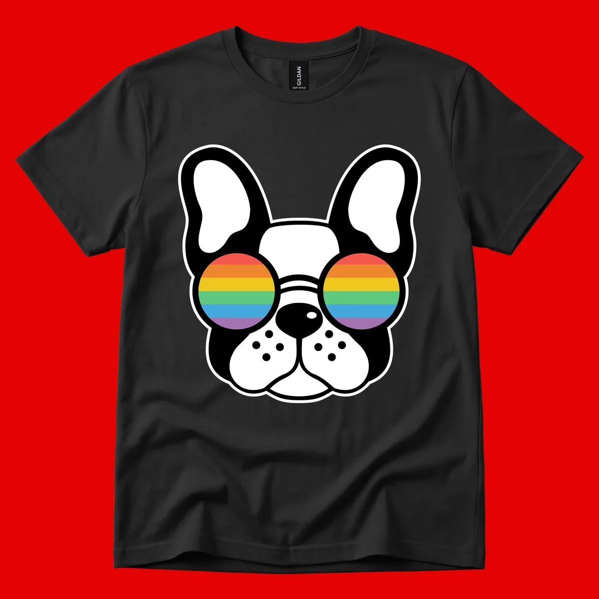 Black and white French Bulldog wearing round sunglasses with rainbow pride flag stripes in red, orange, yellow, green, blue, and purple.