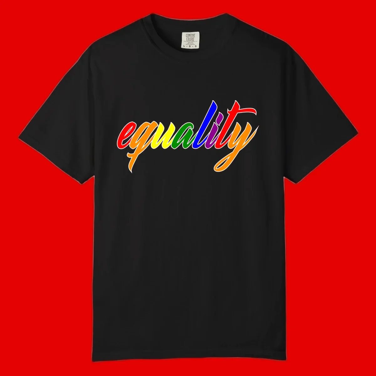 Colorful cursive word 'equality' with each letter in rainbow pride colors on gray background