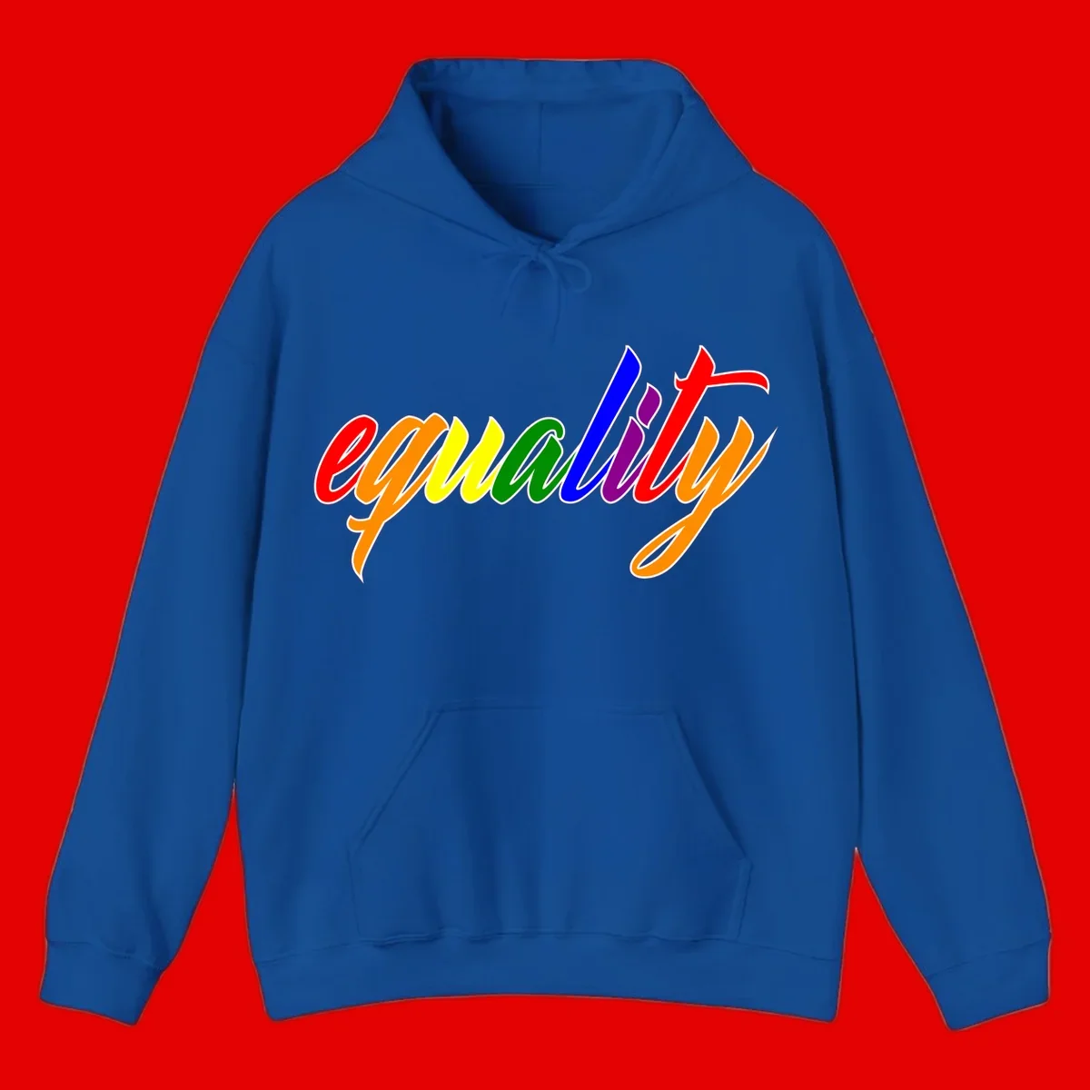 Colorful cursive word 'equality' with each letter in rainbow pride colors on gray background