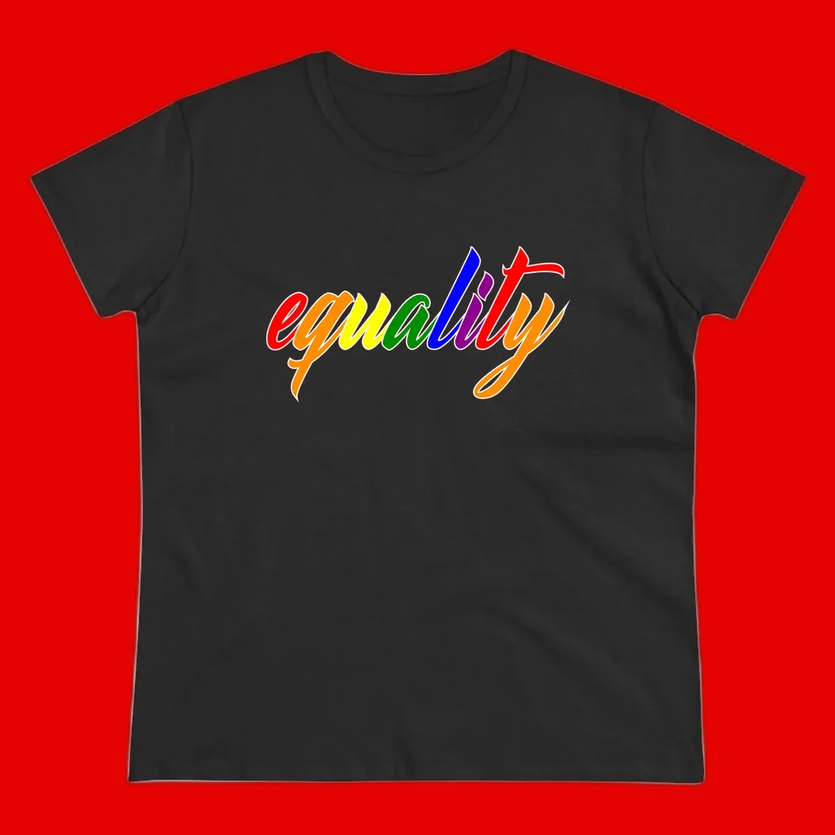 Colorful cursive word 'equality' with each letter in rainbow pride colors on gray background