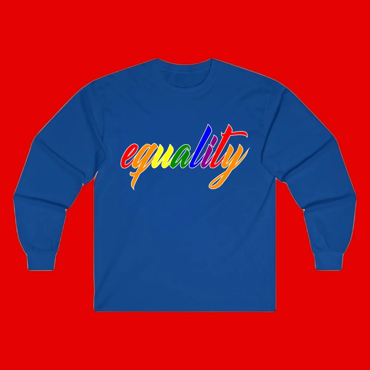 Colorful cursive word 'equality' with each letter in rainbow pride colors on gray background