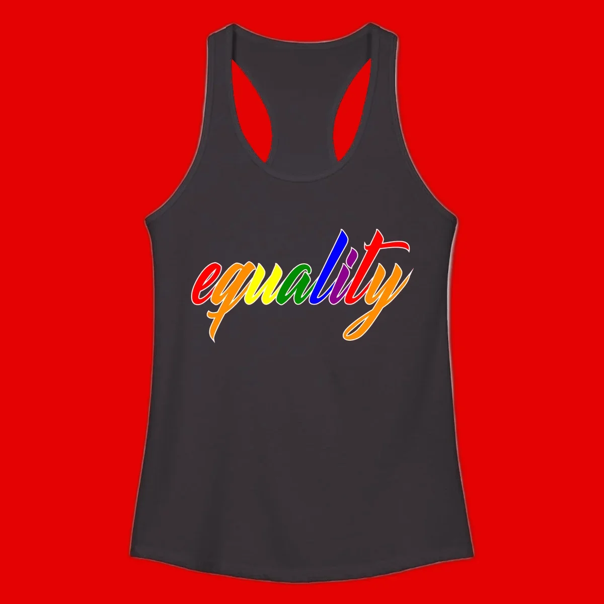 Colorful cursive word 'equality' with each letter in rainbow pride colors on gray background