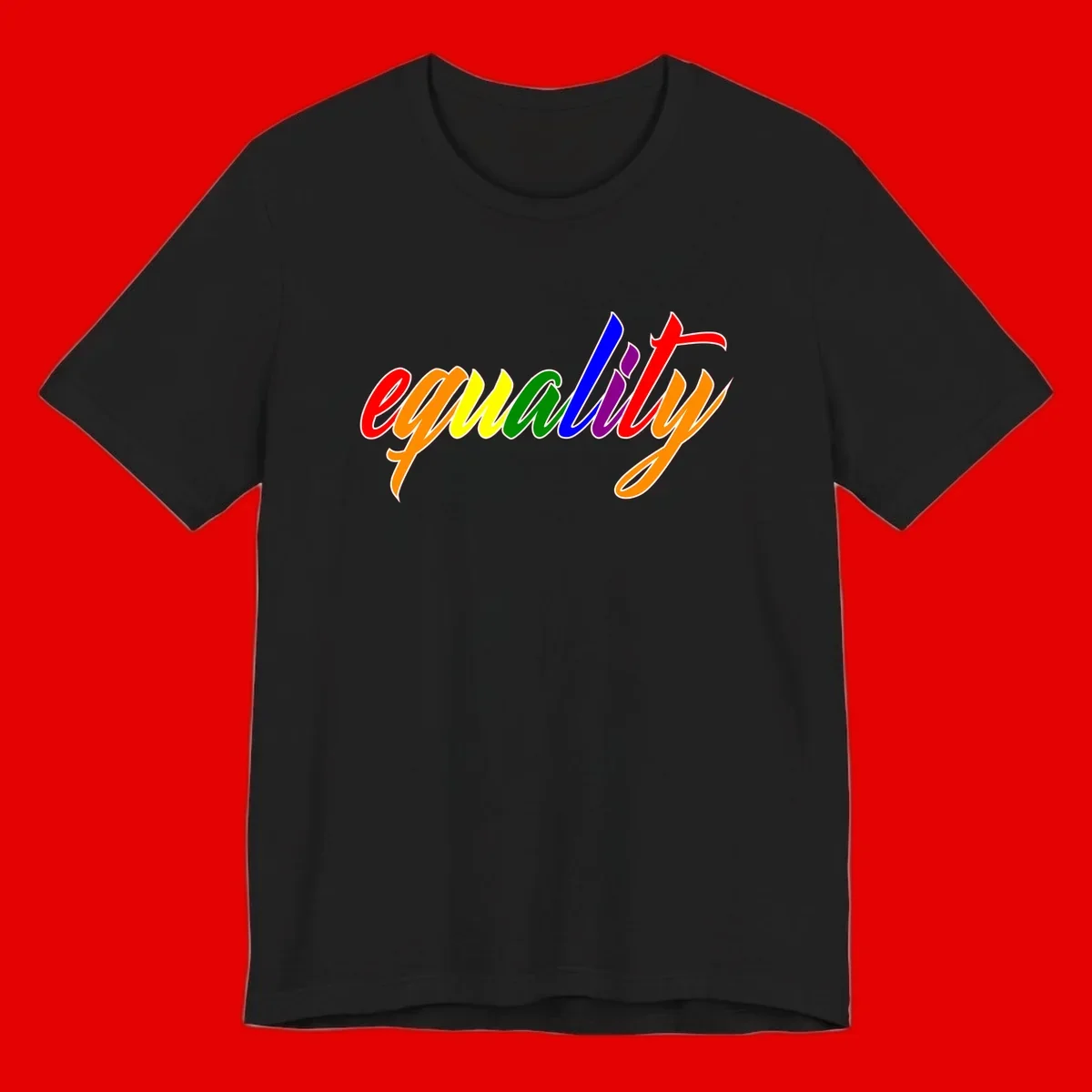 Colorful cursive word 'equality' with each letter in rainbow pride colors on gray background