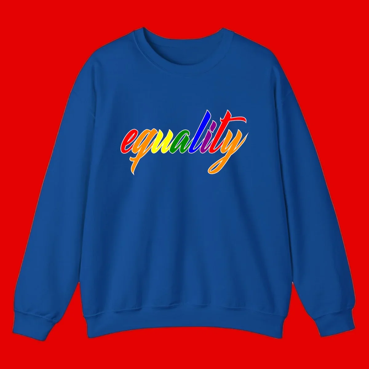 Colorful cursive word 'equality' with each letter in rainbow pride colors on gray background