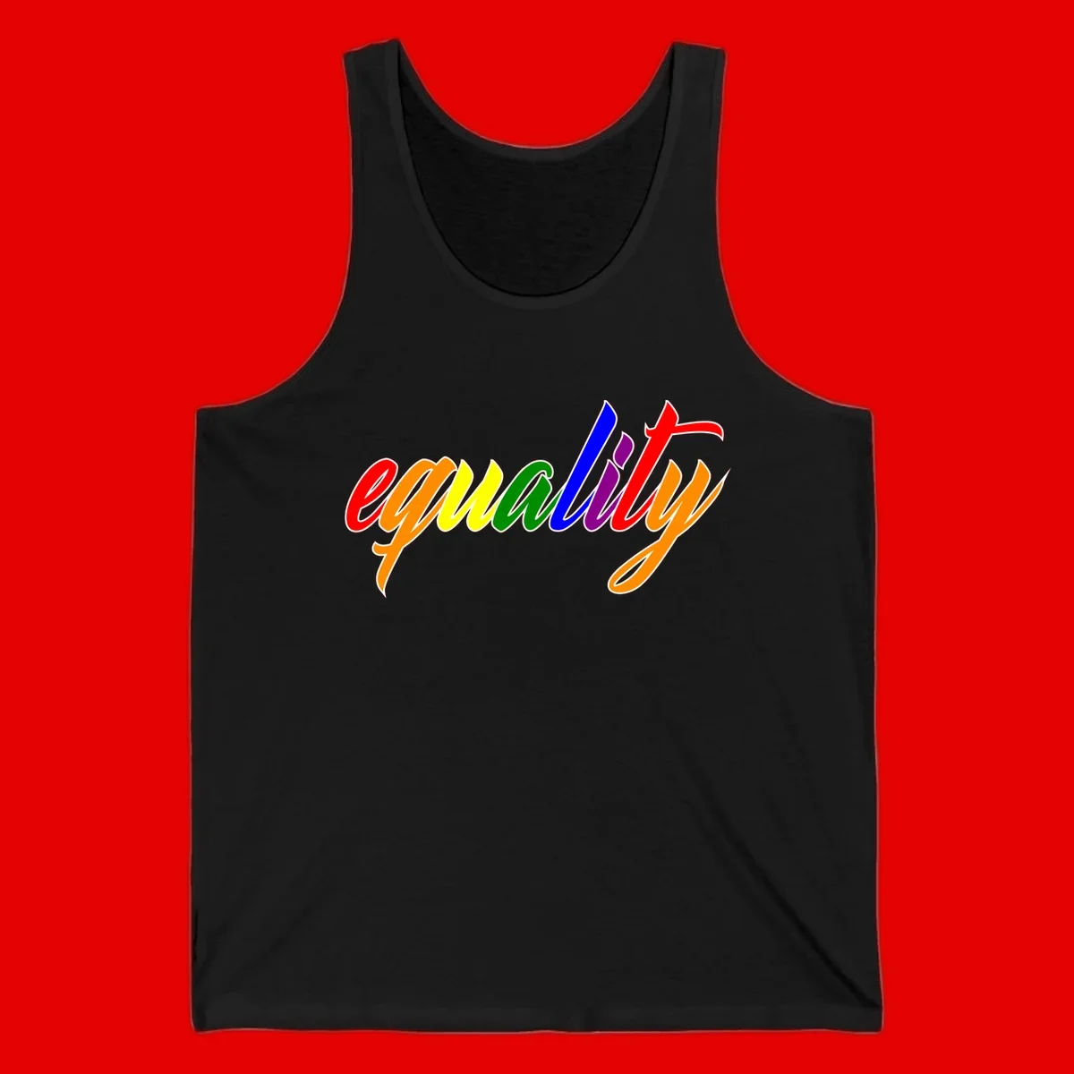 Colorful cursive word 'equality' with each letter in rainbow pride colors on gray background