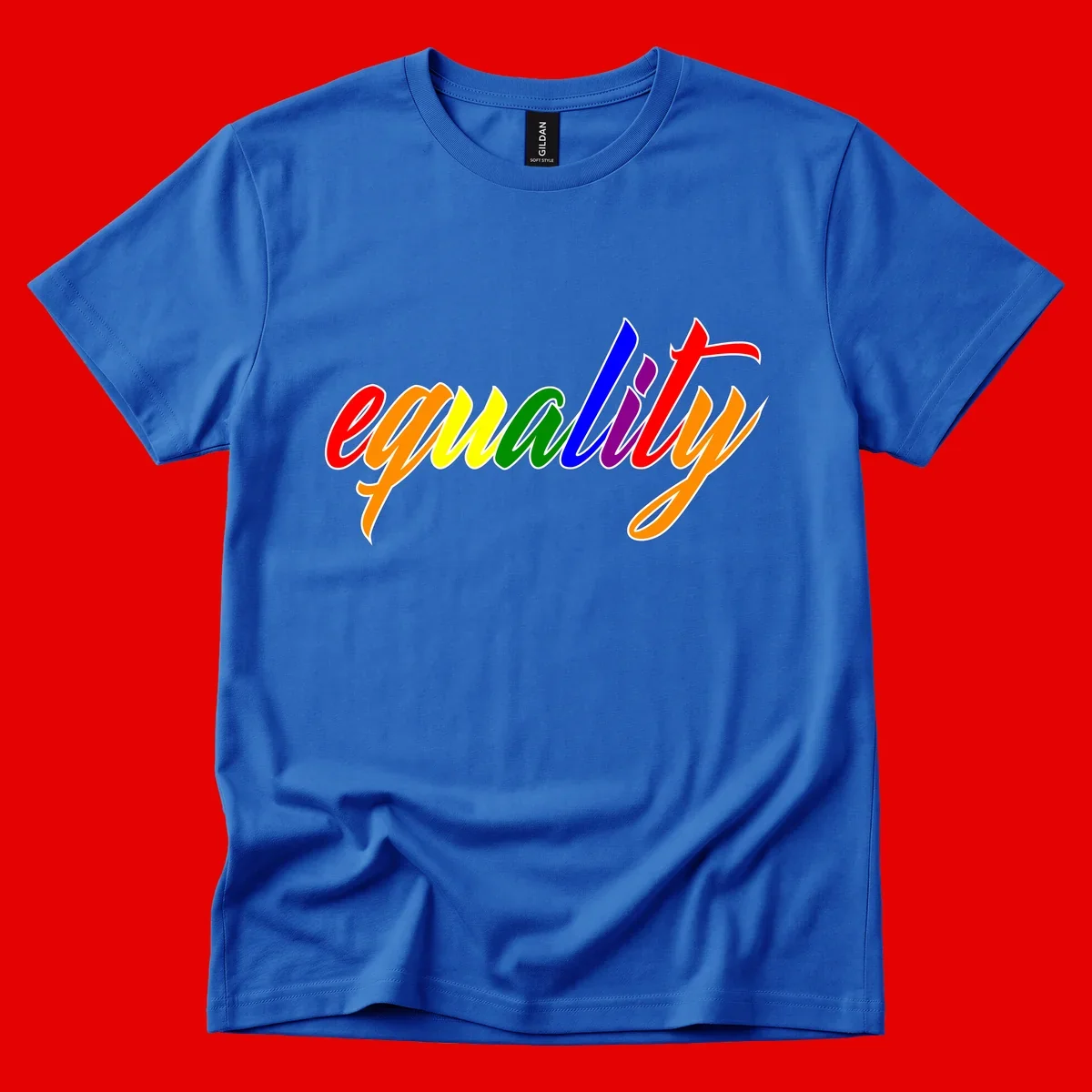 Colorful cursive word 'equality' with each letter in rainbow pride colors on gray background